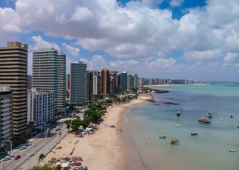 Skyline of Fortaleza city beach. Ceara, Brazil. Aerial view